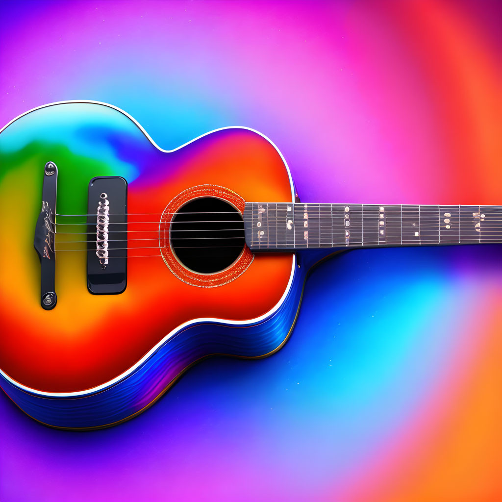 Multicolored Sunburst Electric-Acoustic Guitar on Rainbow Background