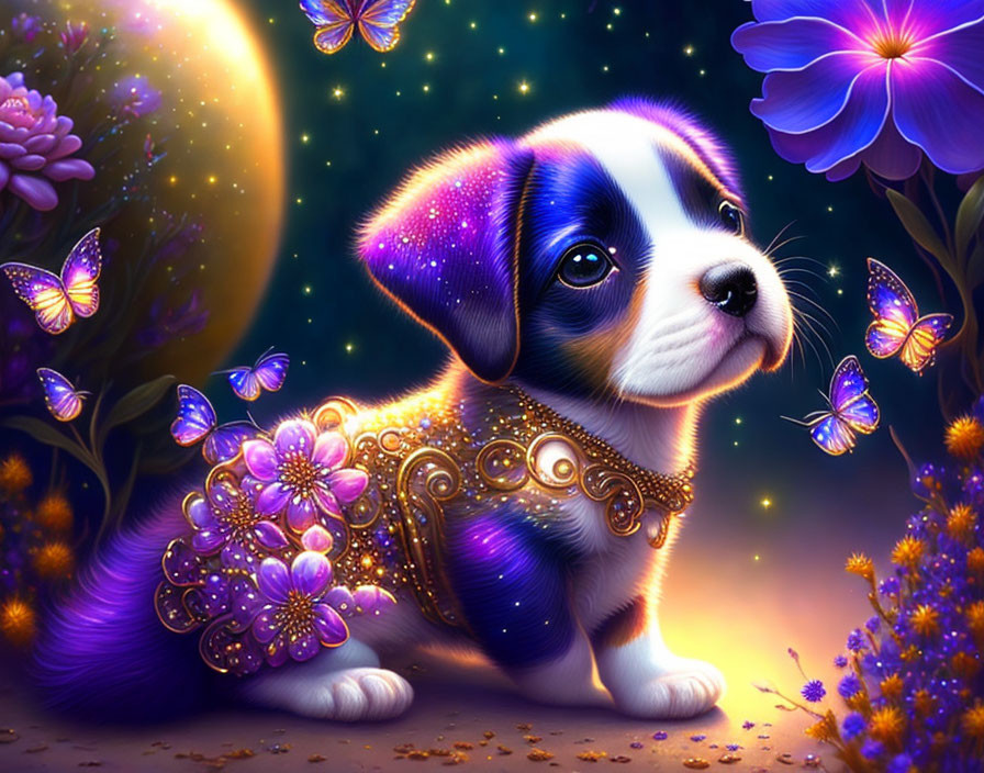 Digital artwork of puppy with celestial patterns, flowers, butterflies, and starry sky.