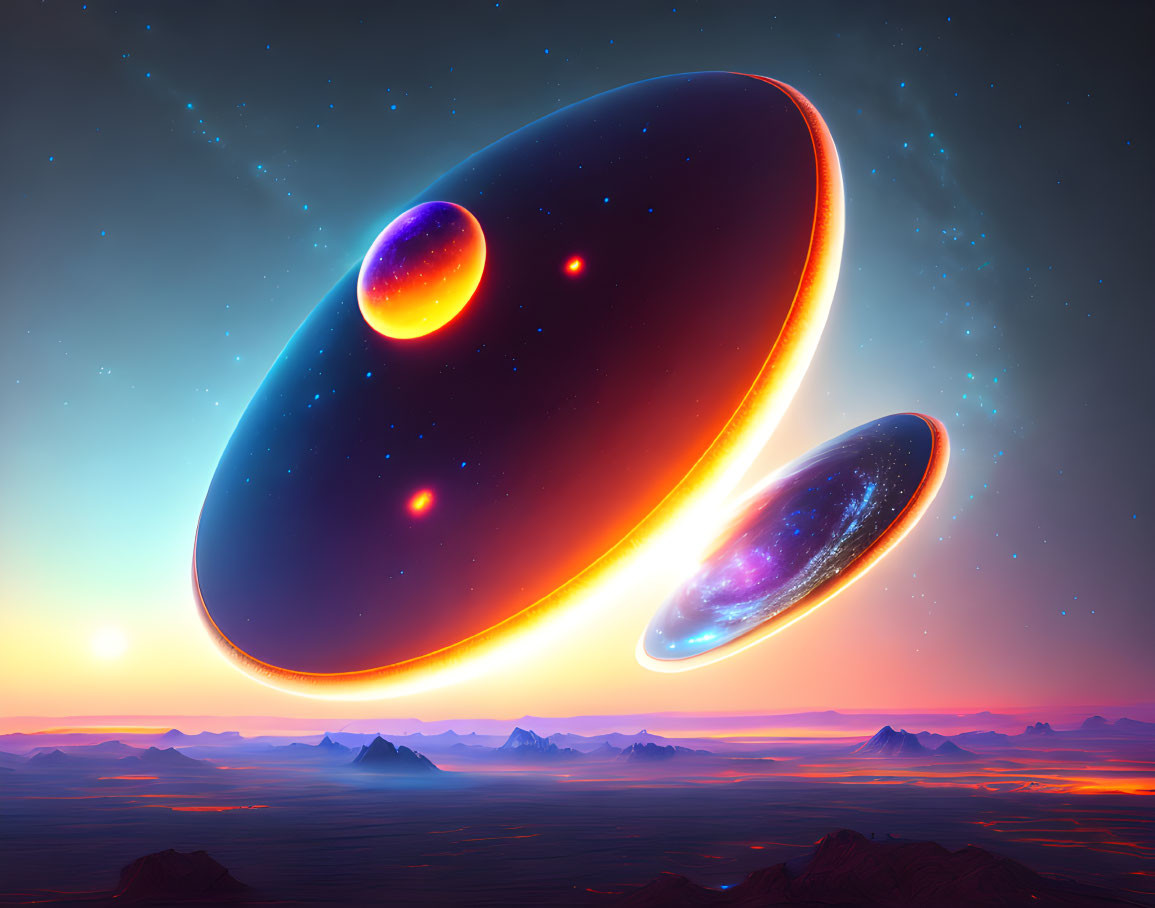 Digital Artwork: Glowing Celestial Bodies Over Alien Sunset Landscape