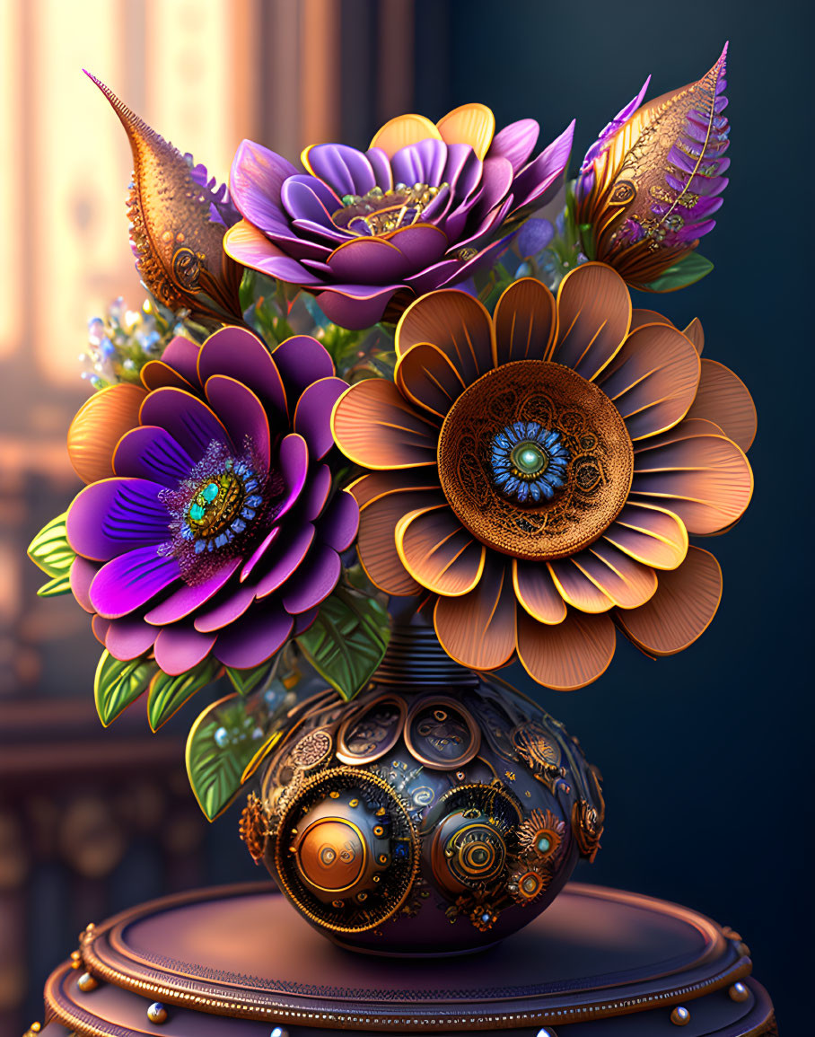 Steampunk-inspired metallic flower bouquet in ornate vase