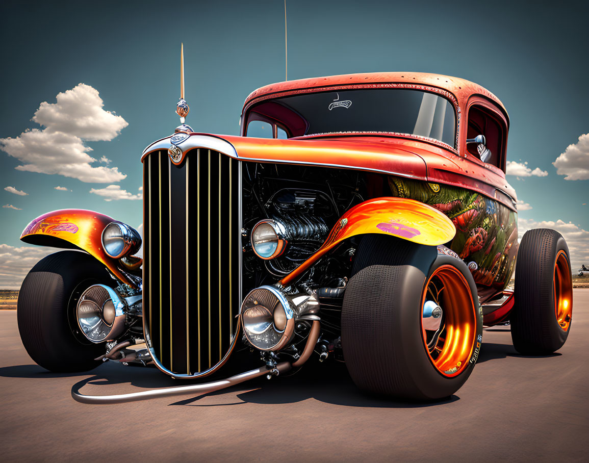 Classic Car with Red and Orange Flame Paint Job, Front Grille, and Chrome Details Under Blue Sky