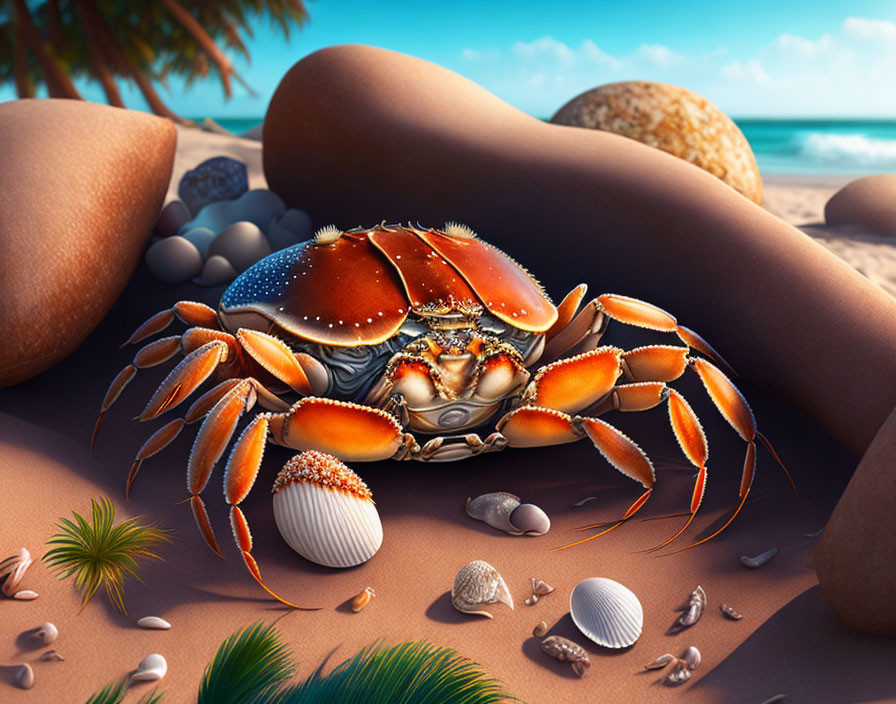 Vibrant crab on sandy beach with seashells and palm fronds