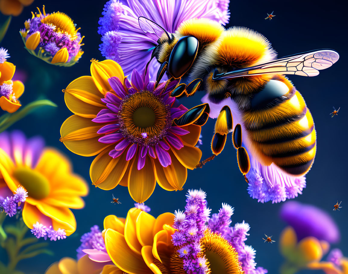 Detailed depiction of bee pollinating purple and yellow flowers with suspended droplets