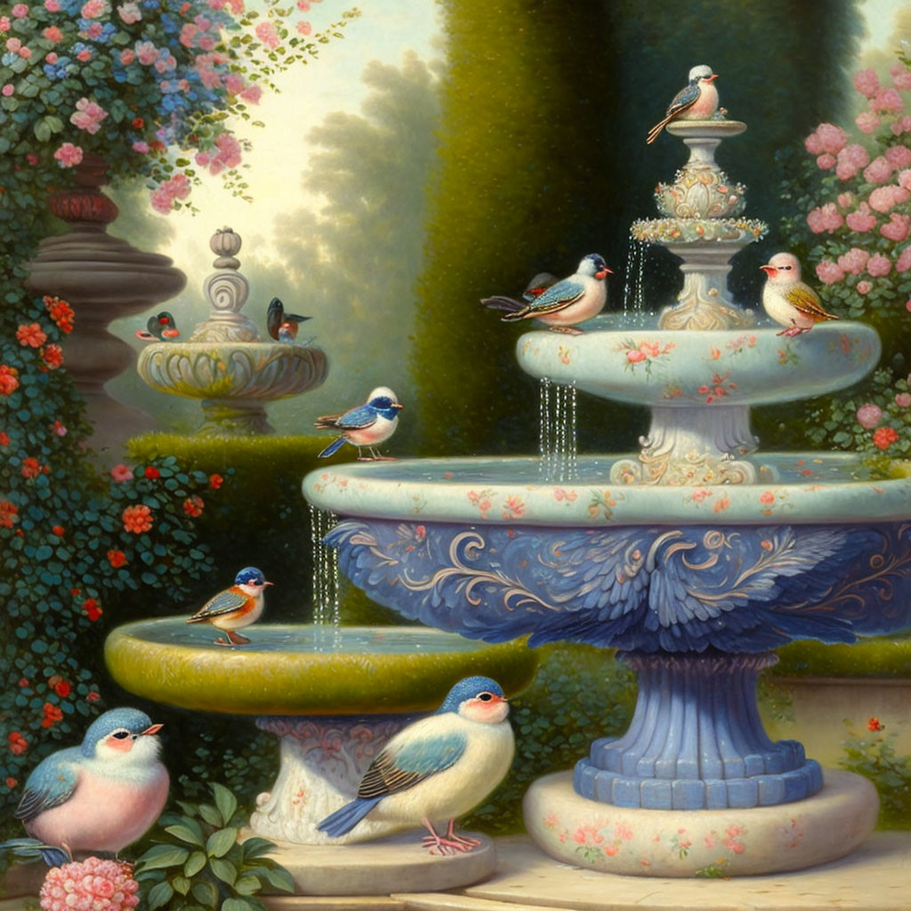 Vibrant birds on elaborate garden fountain with greenery and pink flowers