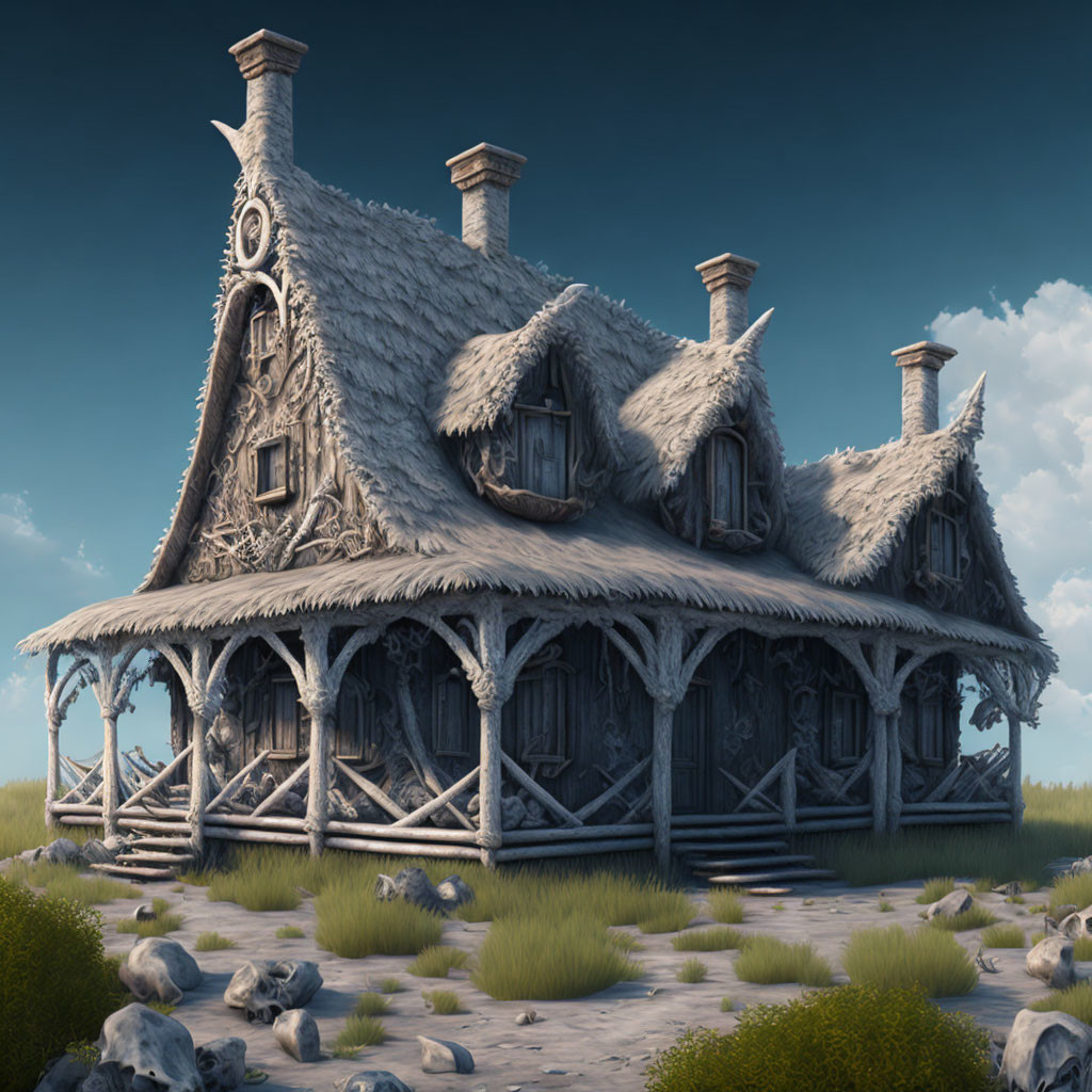 Thatched Cottage with Ornate Woodwork in Fantasy Setting