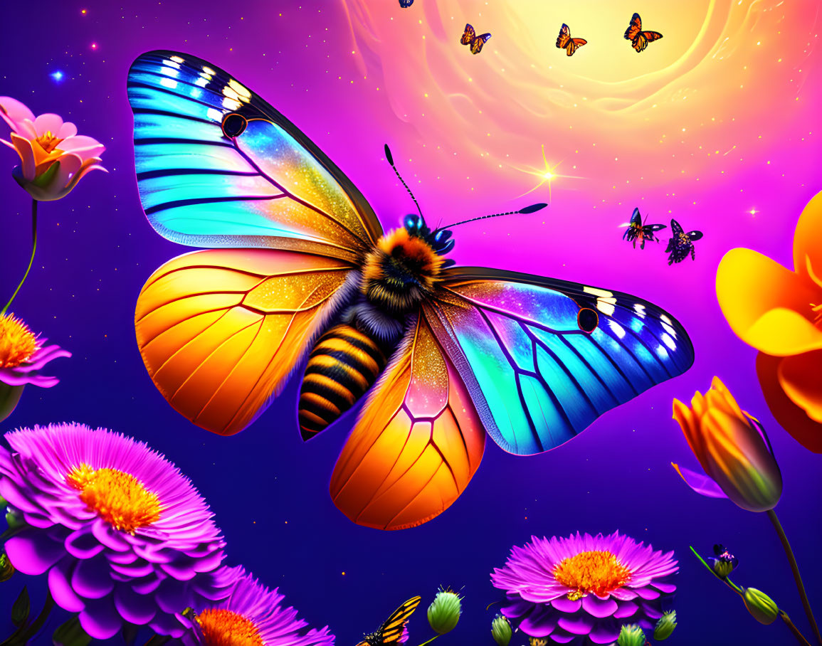 Colorful Butterfly Illustration with Cosmic Background and Flowers