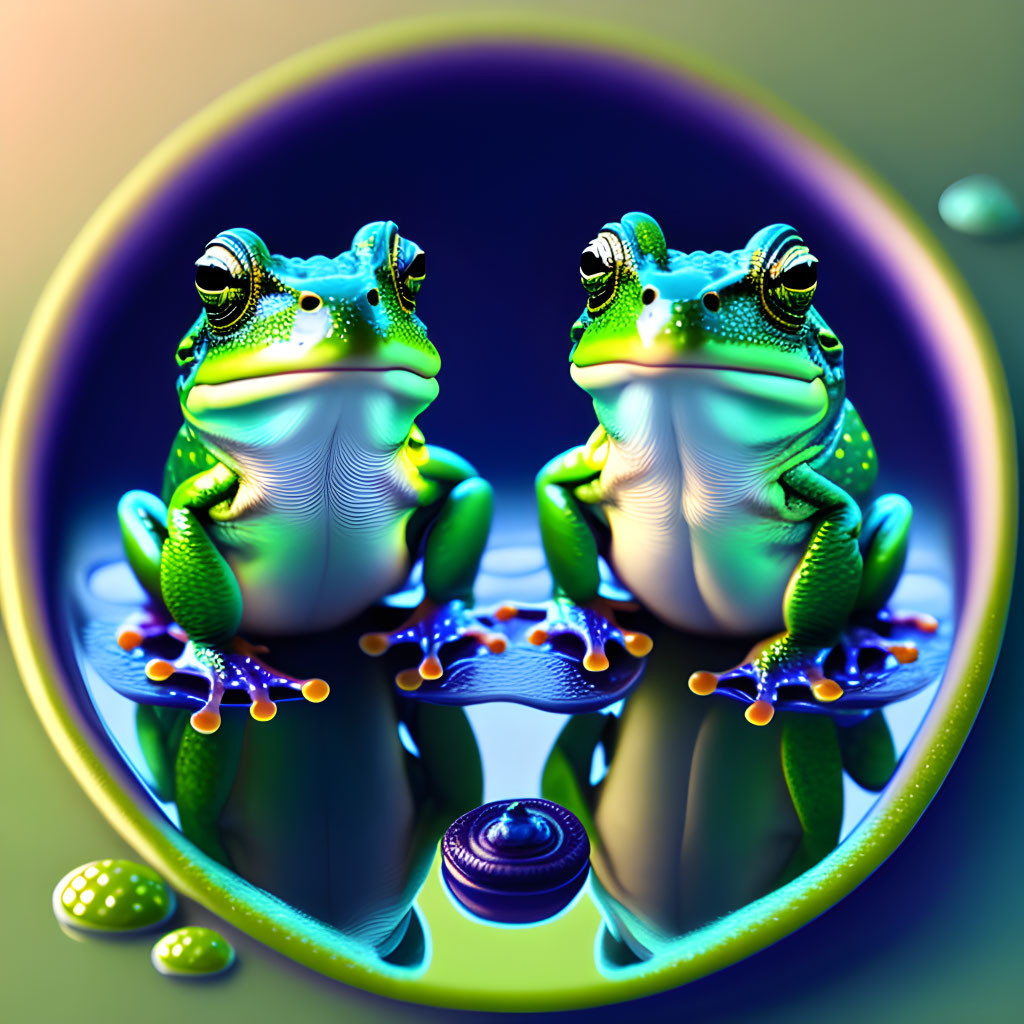 Colorful 3D frogs on glossy surface with abstract background