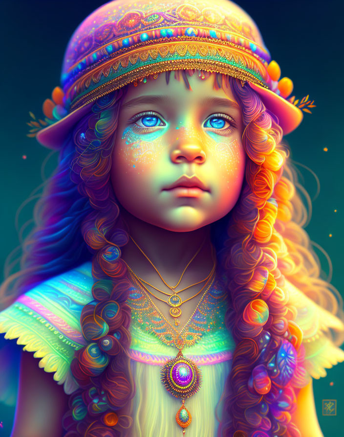 Colorful portrait of a girl with blue eyes in detailed attire against a cool backdrop