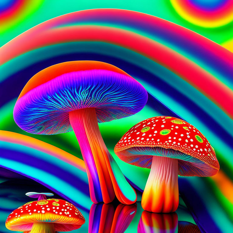 Colorful Psychedelic Mushroom Art with Rainbow Background