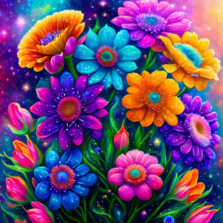 Colorful Flowers with Dewdrops on Cosmic Starry Background