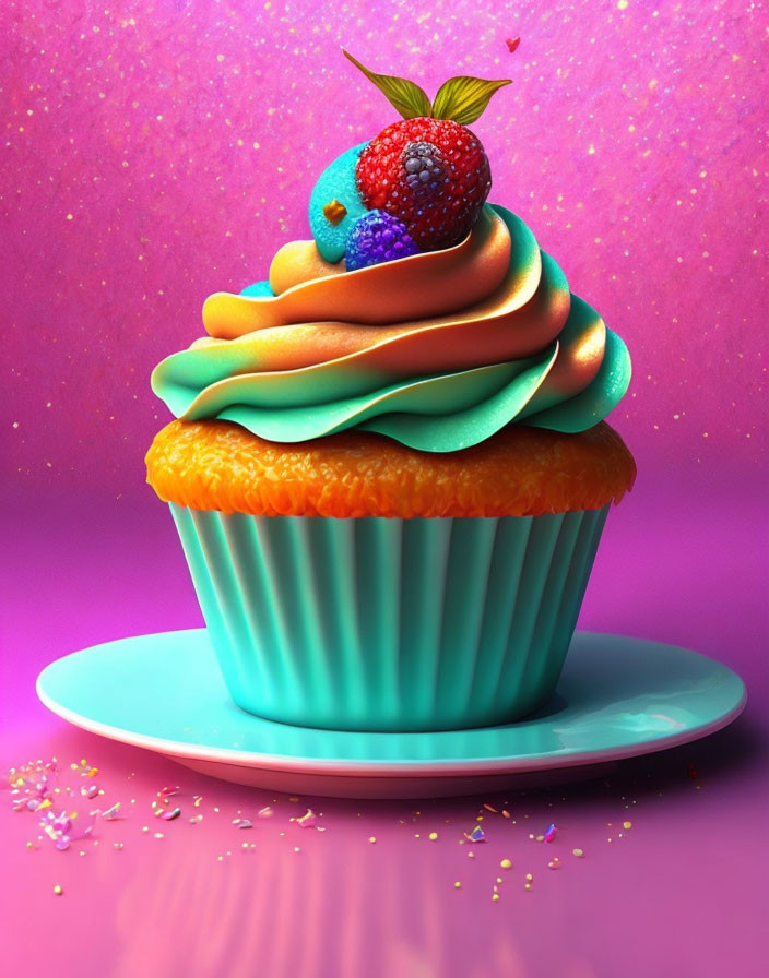 Colorful Cupcake with Rainbow Swirl Frosting and Berries on Pink Glitter Background