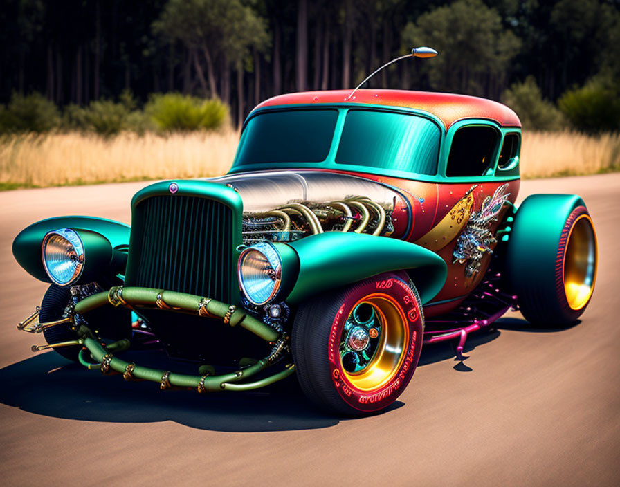 Custom Hot Rod with Green and Red Flame Paint Job and Exposed Engine on Asphalt Road