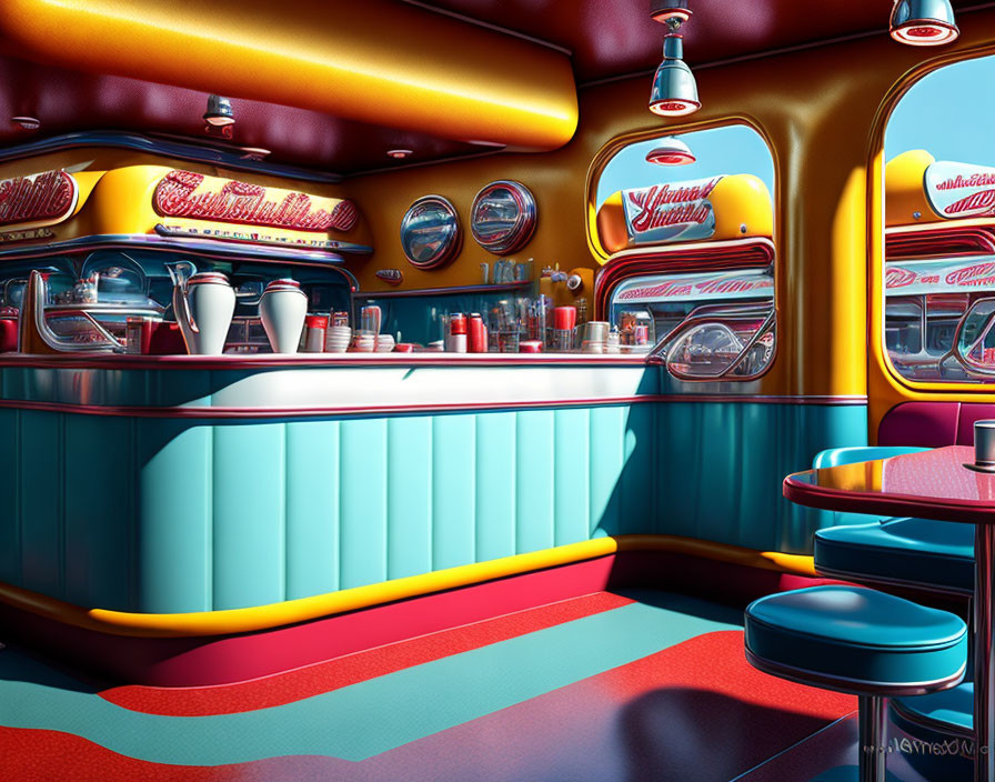 Retro-styled diner with turquoise booth, red & white tiled floor, bar stools, juke