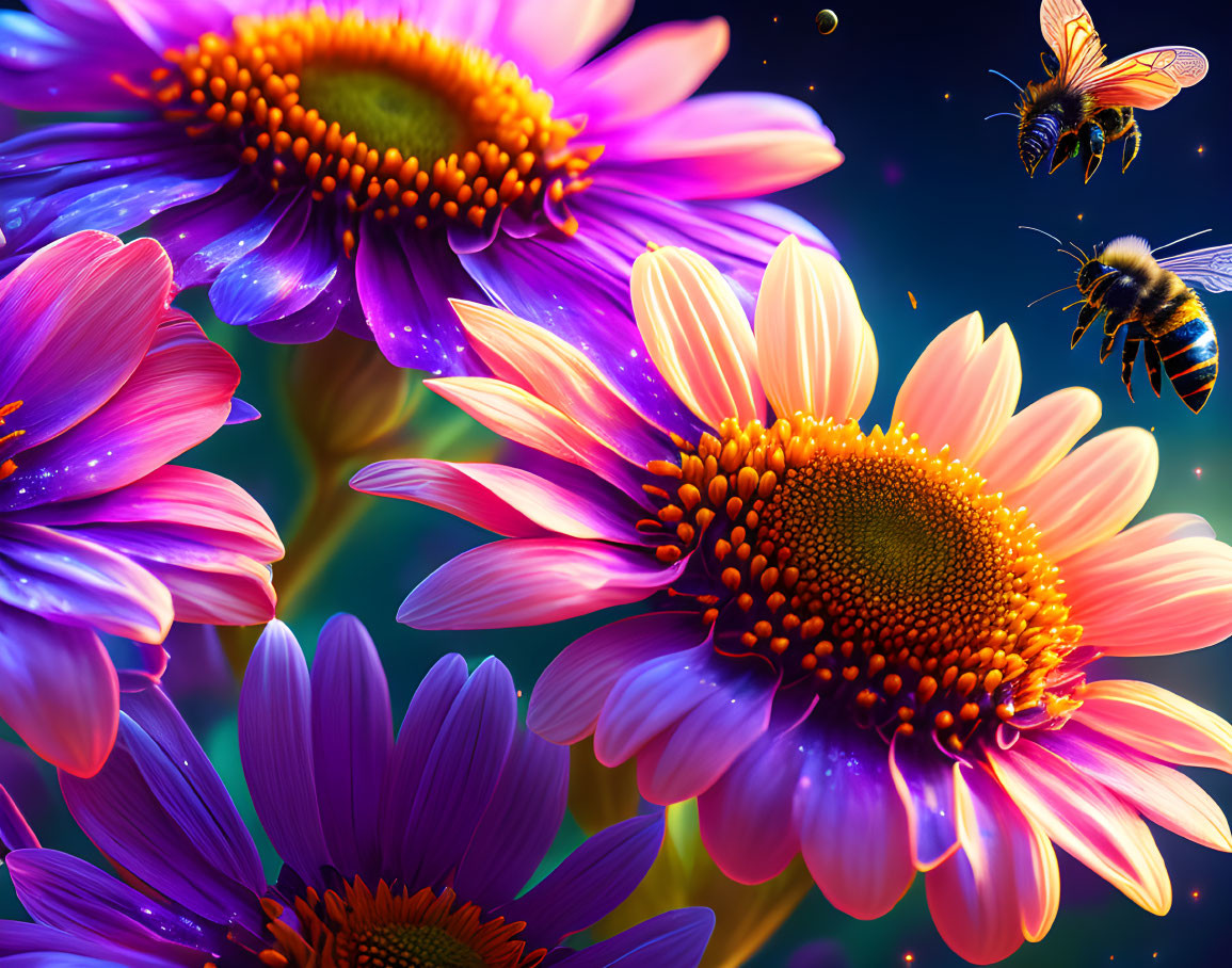 Detailed Purple and Pink Flower Digital Art with Bees on Dark Background