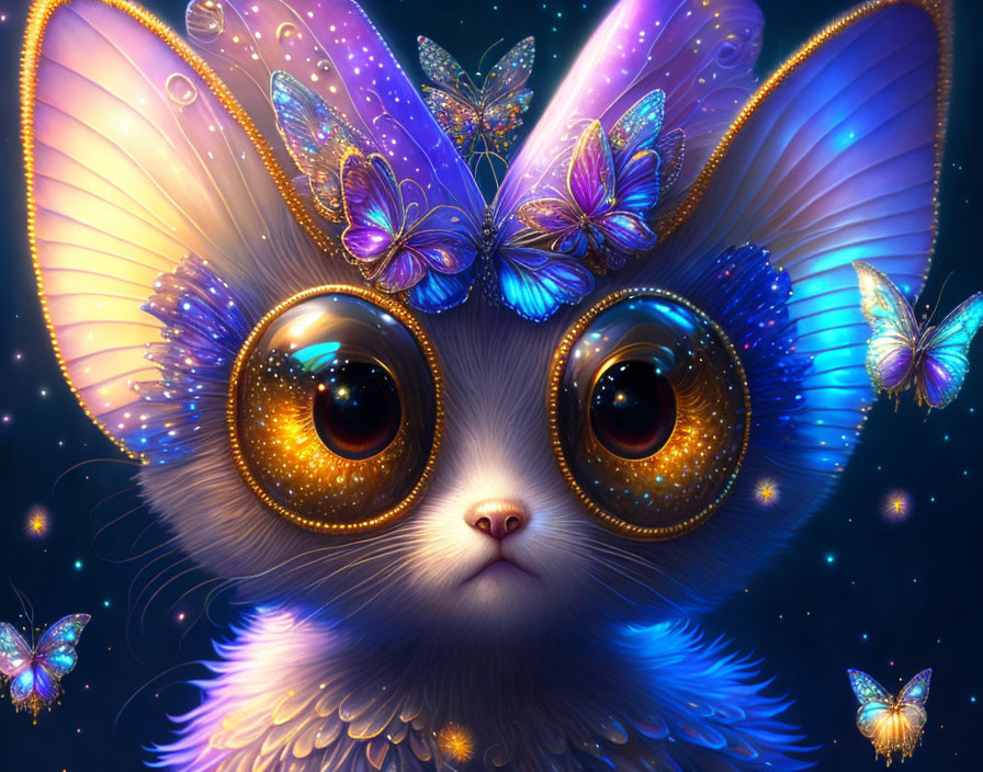 Whimsical illustration of furry creature with butterfly wings in starry scene