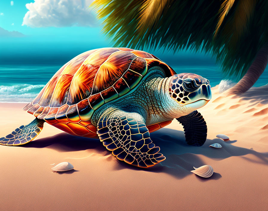 Colorful Sea Turtle on Beach with Palm Trees and Seashells at Sunset