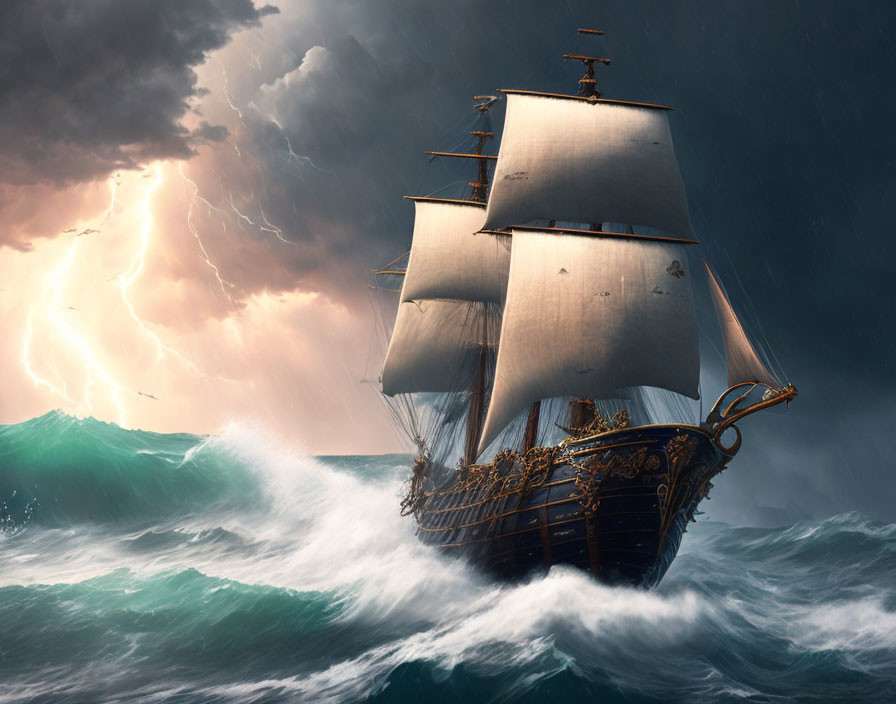 Sailing ship in stormy seas with lightning and dark skies