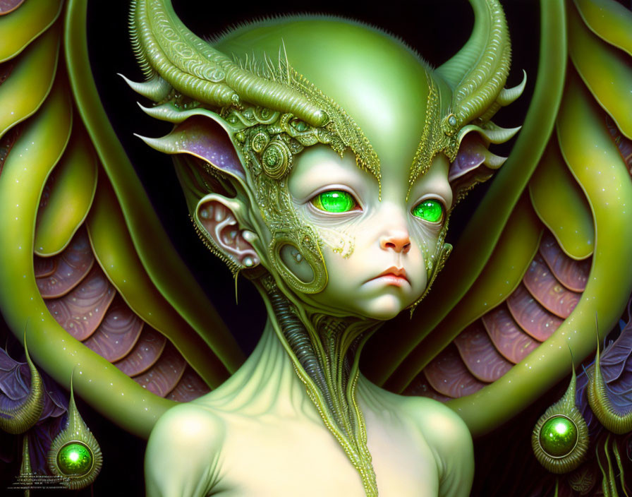 Fantastical green-skinned creature with golden head ornaments