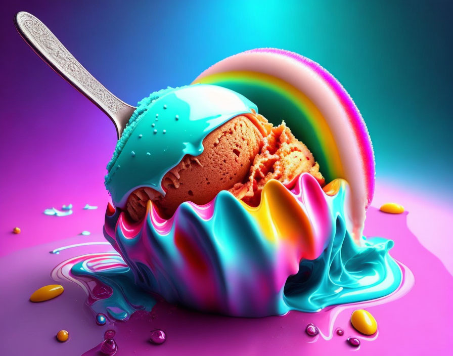 Colorful Melting Ice Cream on Purple Background with Droplets