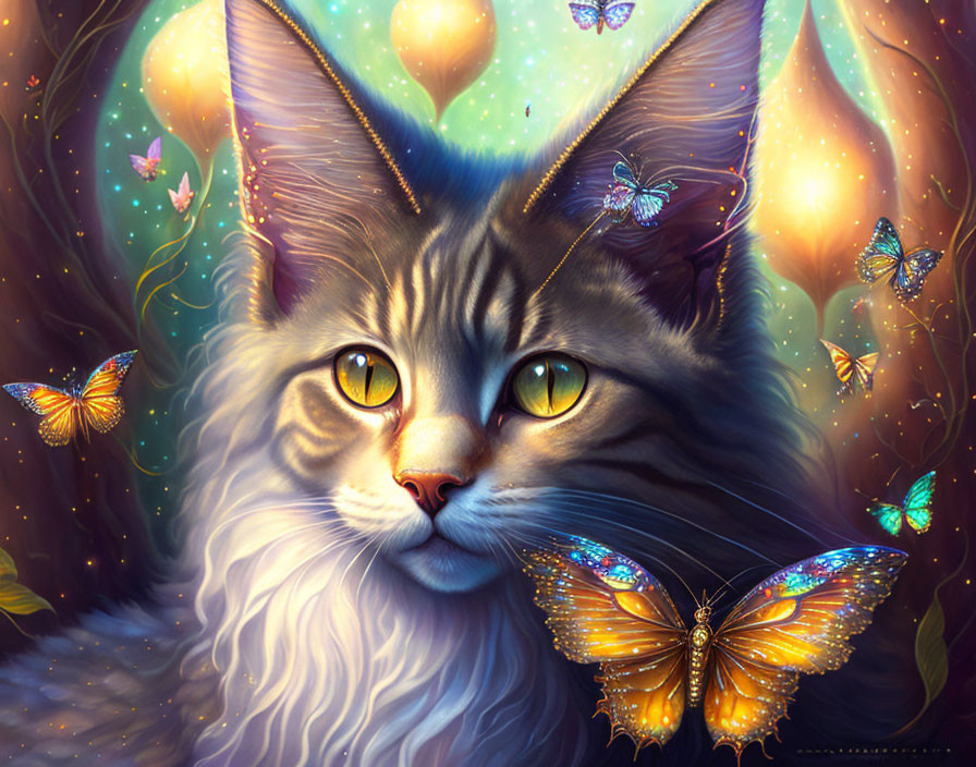 Mystical long-haired cat with amber eyes in magical digital art