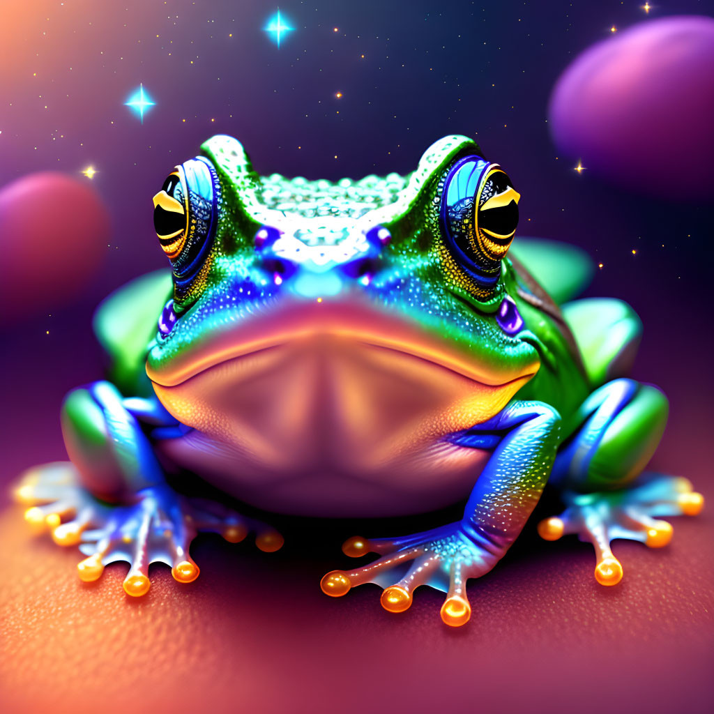 Vibrant digital illustration of a shiny frog in blue and green hues