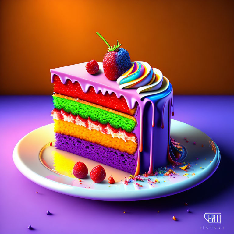 Rainbow cake with blue icing, sprinkles, and fruit on white plate