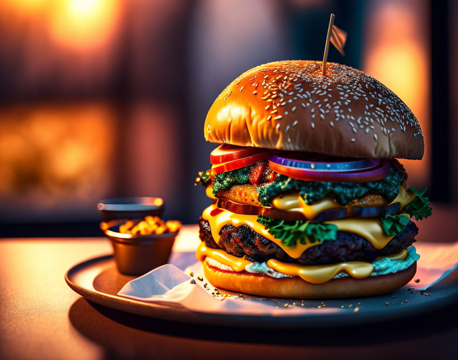 Delicious Double Cheeseburger with Fries and Dipping Sauce