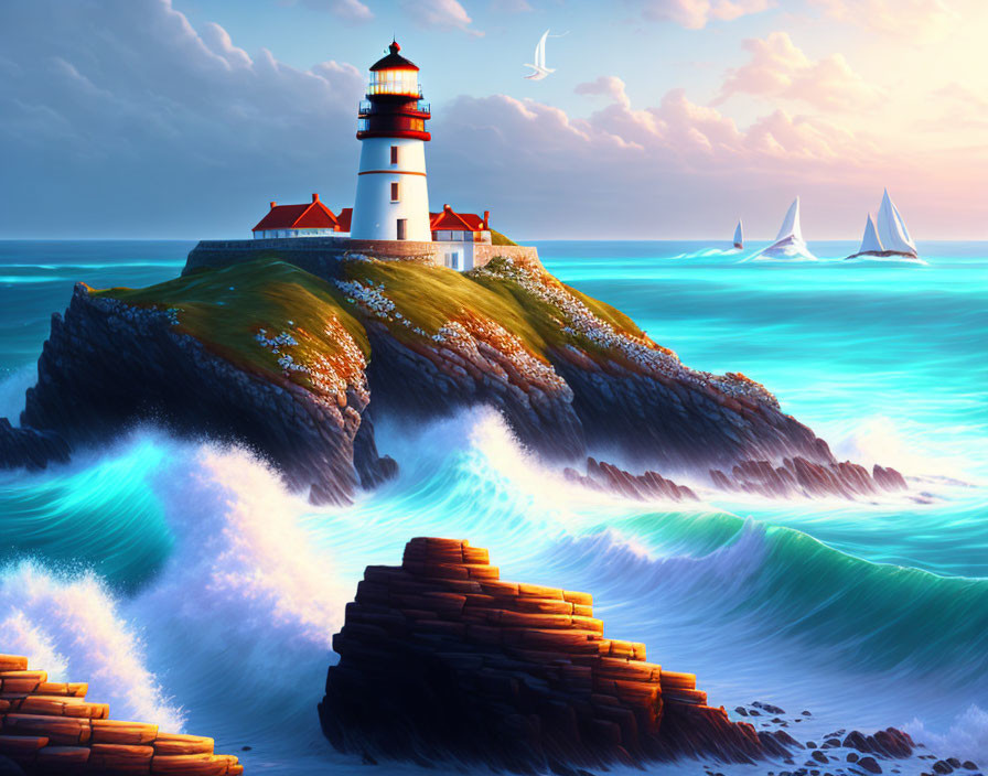 Scenic lighthouse on rugged cliff with crashing waves and sailboats