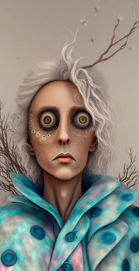 Surreal portrait featuring hypnotic eyes, tree branch hair, and peacock feather garment.