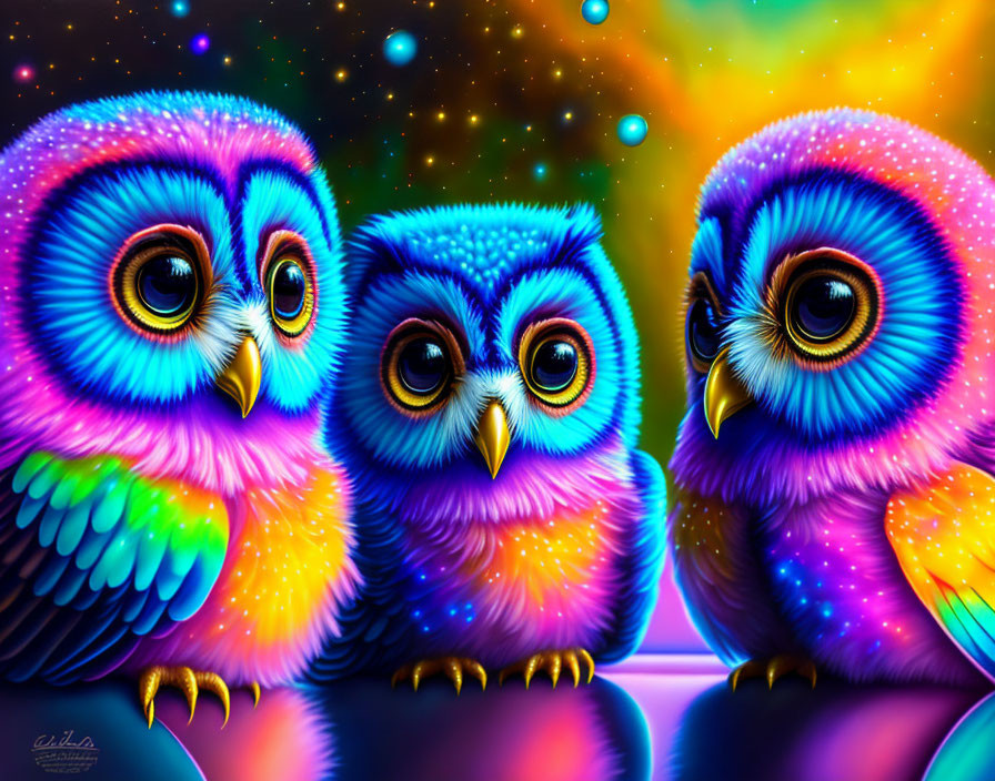 Vibrant Neon Owls with Large Eyes on Cosmic Background