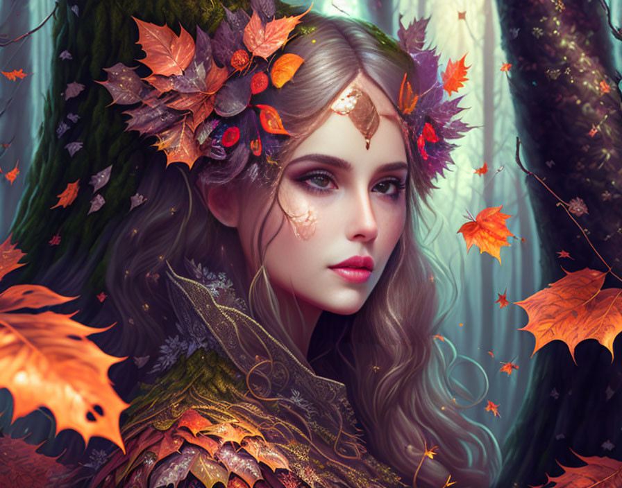 Fantasy Portrait of Woman with Leafy Adornments in Autumnal Colors