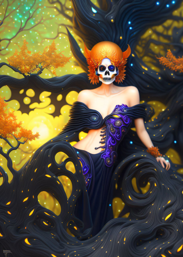 Colorful Day of the Dead style figure with skull face in elegant dress among glowing trees