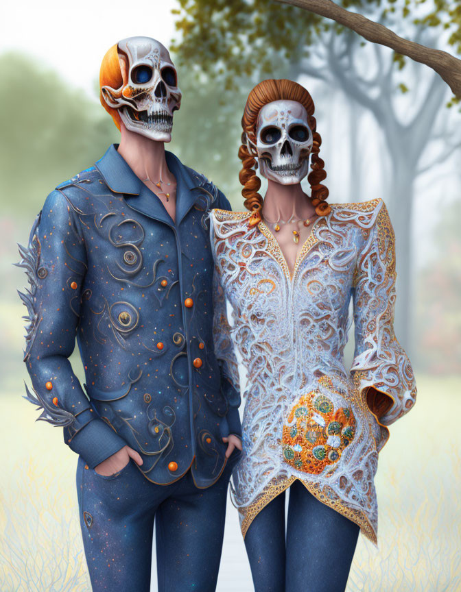 Digital Art: Two Skull-Faced Figures in Elegant Clothing with Misty Background