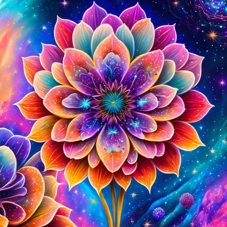 Colorful layered flower with cosmic backdrop.