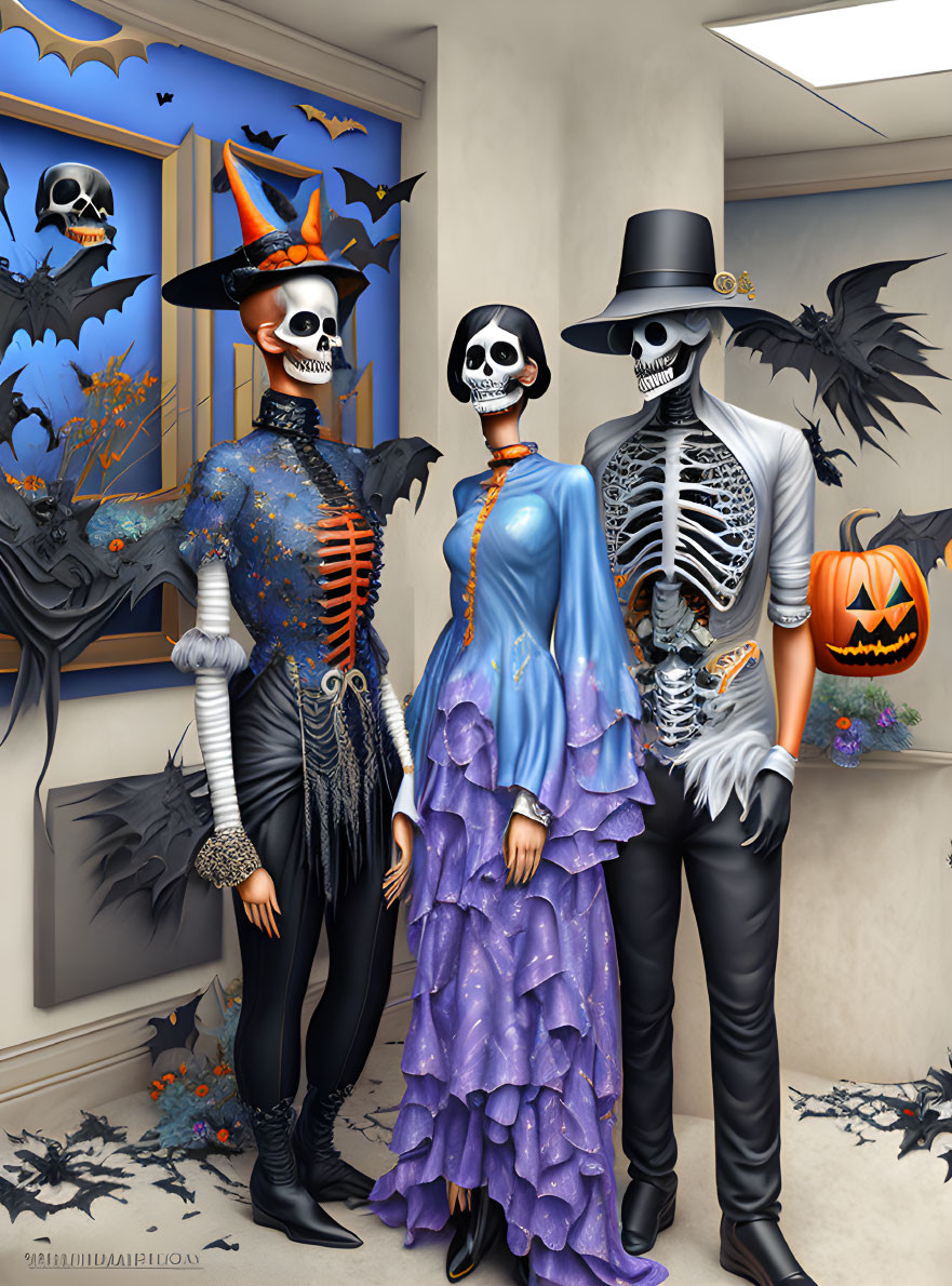 Festive Halloween skeletons with bats and jack-o'-lanterns in background