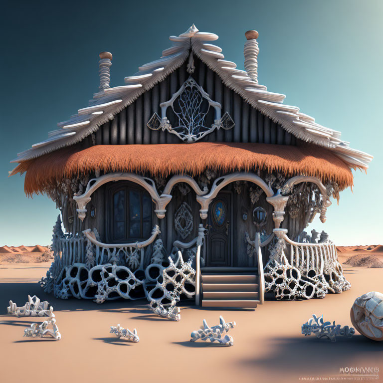 Whimsical house with thatched roof in desert landscape