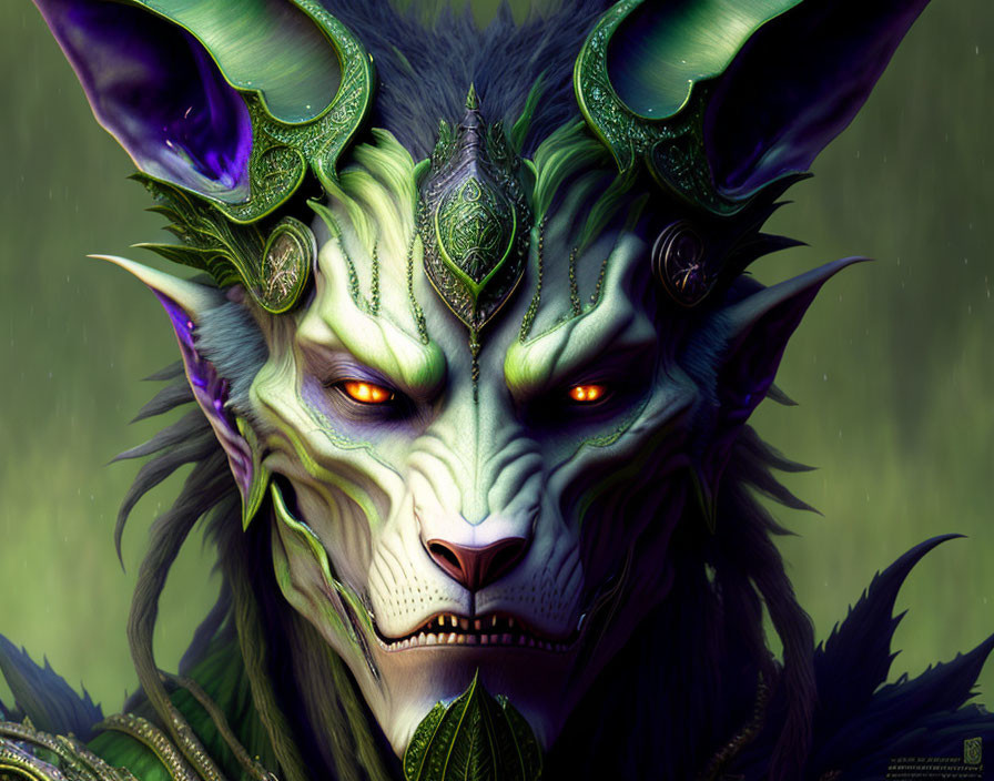 Mystical creature with feline features and green armor.