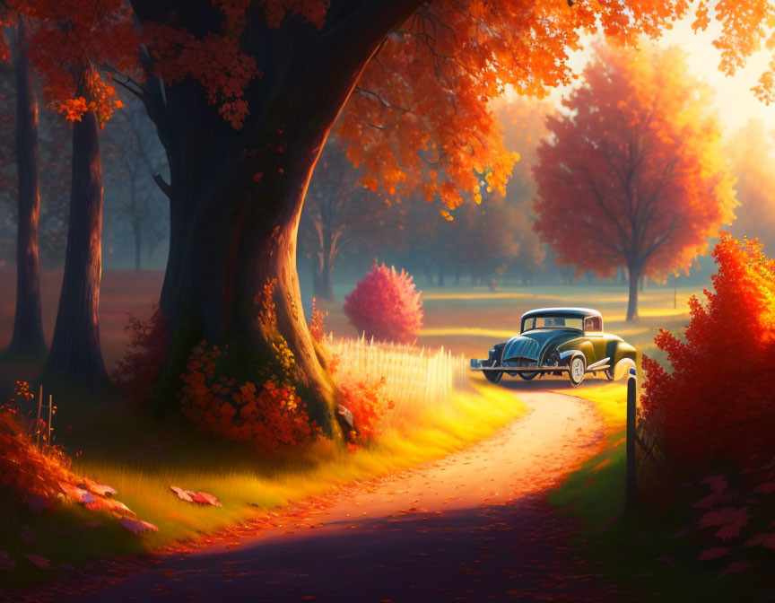 Vintage car on autumn road with vibrant trees in misty light