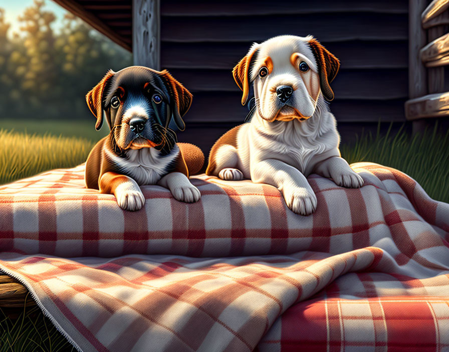 Two Cute Puppies on Plaid Blanket Outdoors in Sunlight