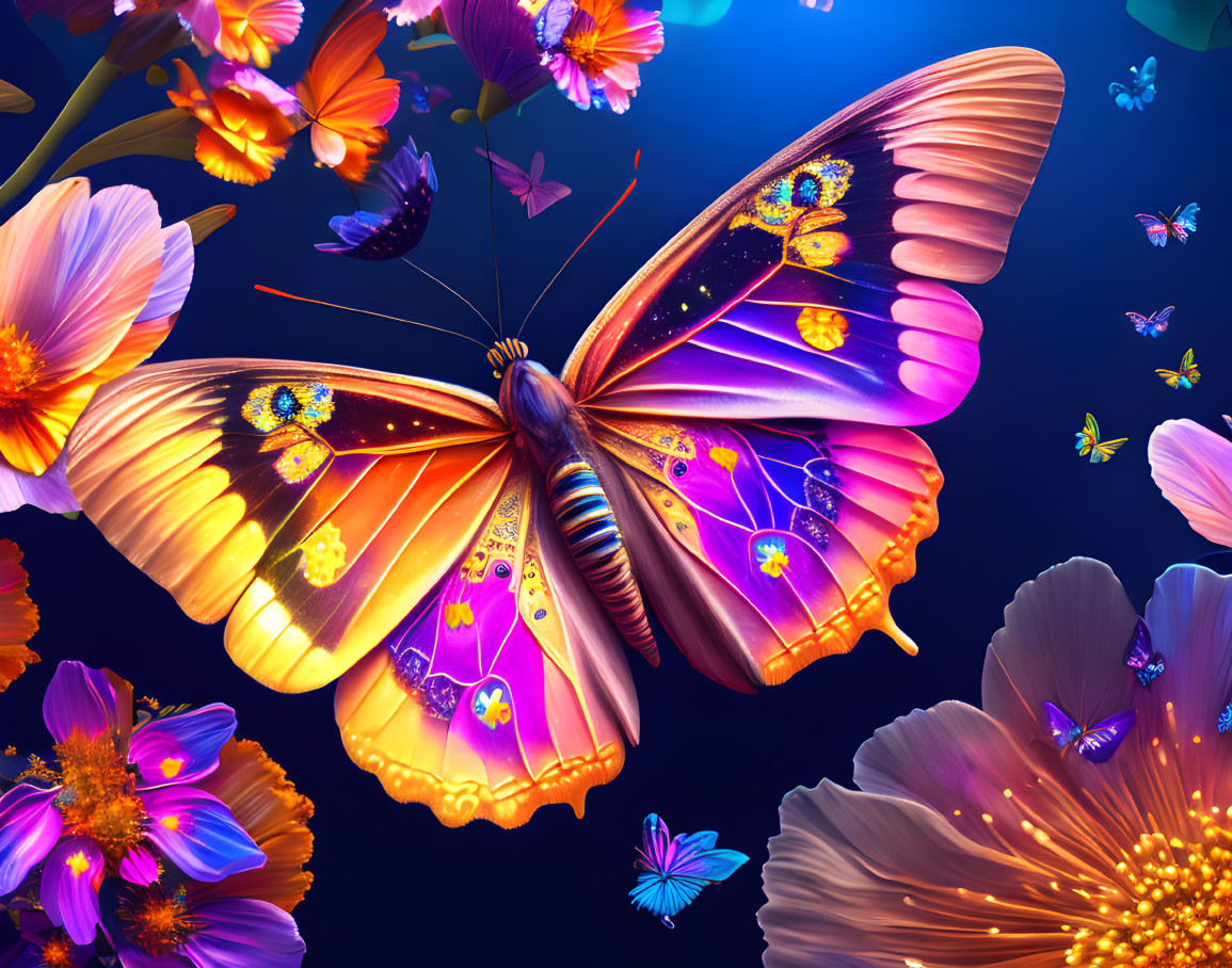 Colorful Butterfly Illustration Surrounded by Flowers on Blue Background