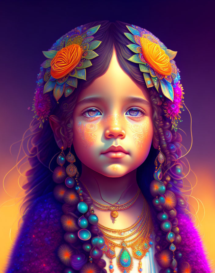 Colorful Floral Adorned Young Girl Portrait with Ethereal Face Paint