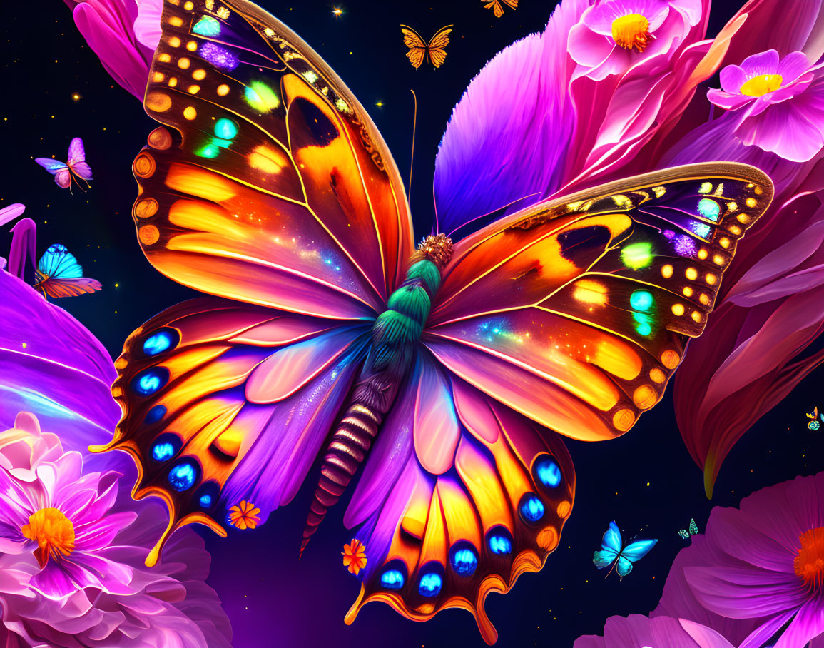 Colorful butterfly artwork with glowing wings in a starry night setting