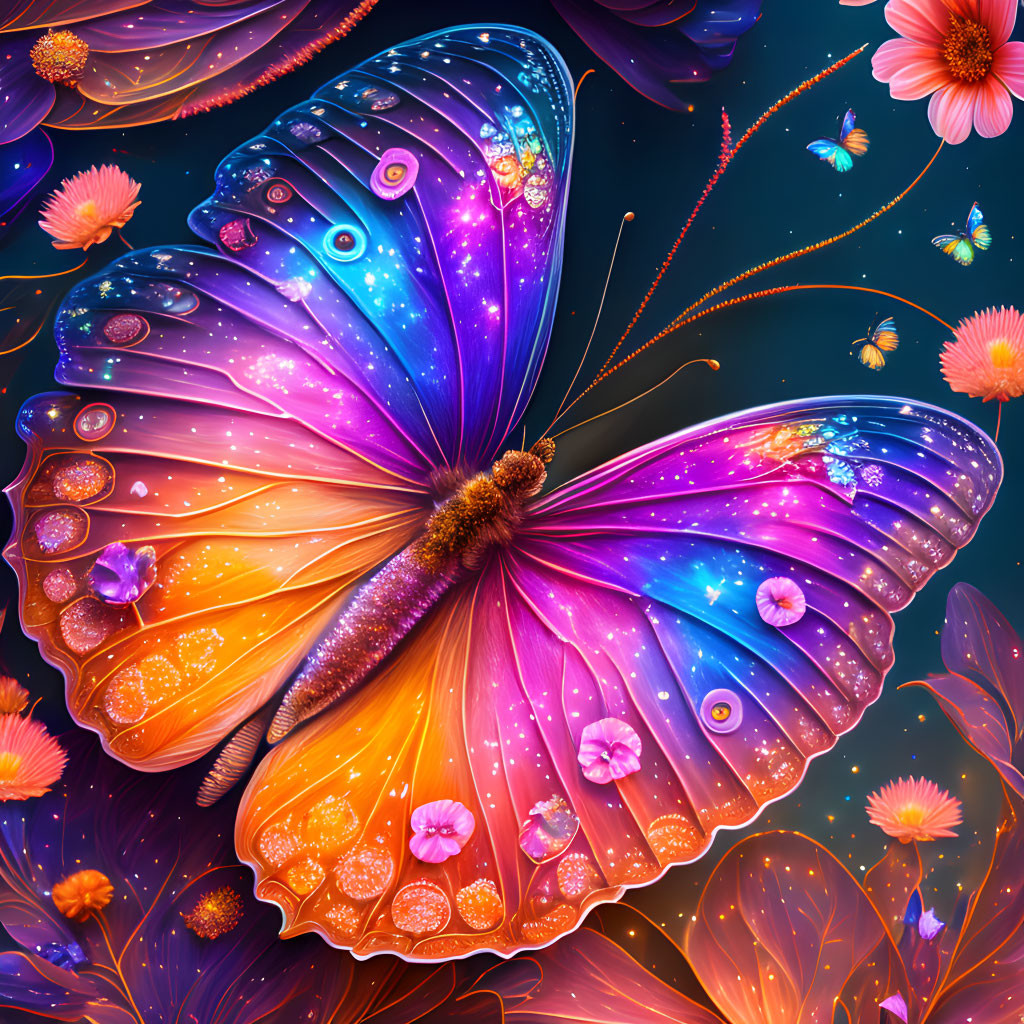 Colorful Digital Art: Butterfly with Cosmic Wings Amid Flowers