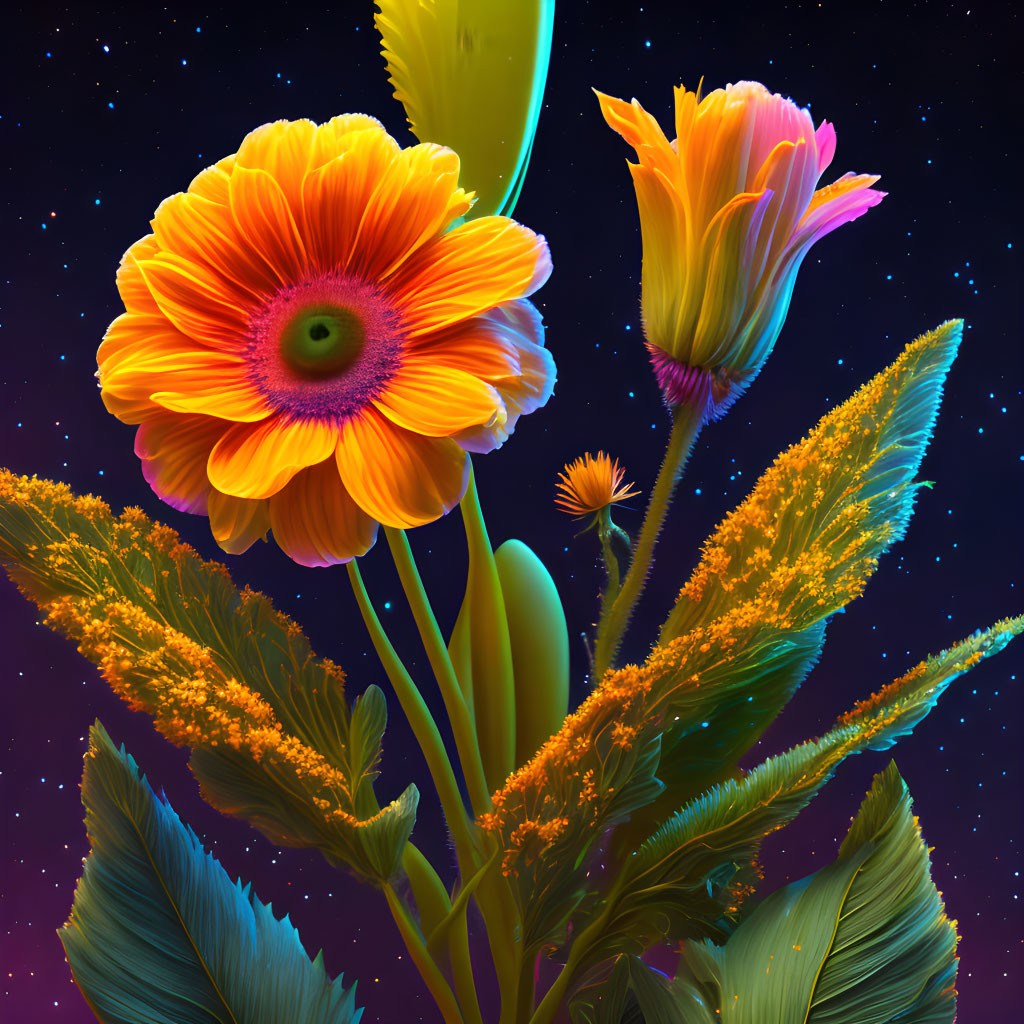 Colorful digital artwork: Stylized flowers against cosmic backdrop