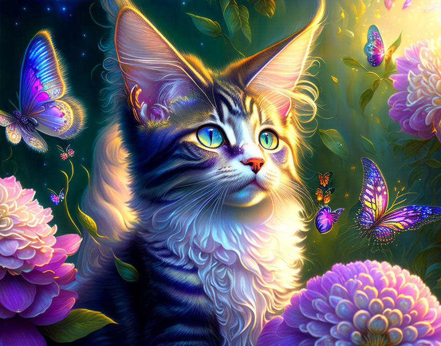 Colorful cat surrounded by butterflies and flowers under glowing light