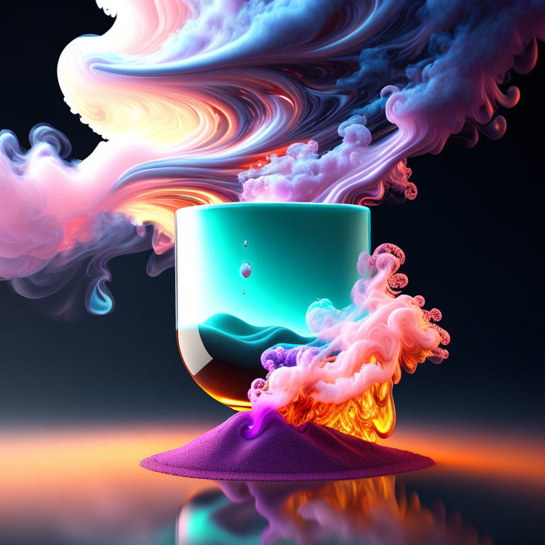 Colorful Swirling Smoke Cup on Dark Reflective Background