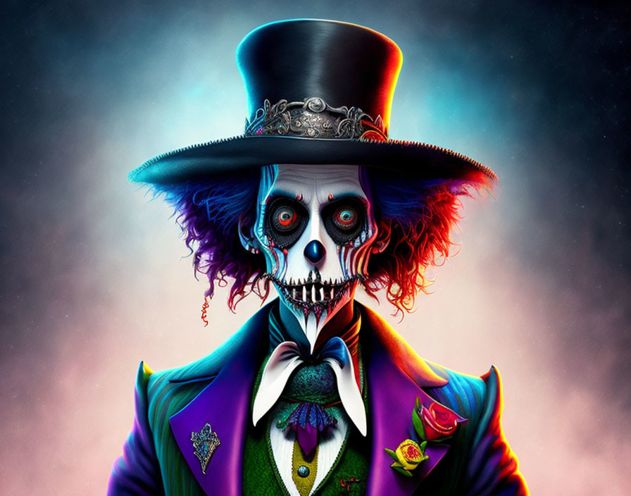 Vibrant skeletal figure in top hat and elegant attire against cosmic backdrop