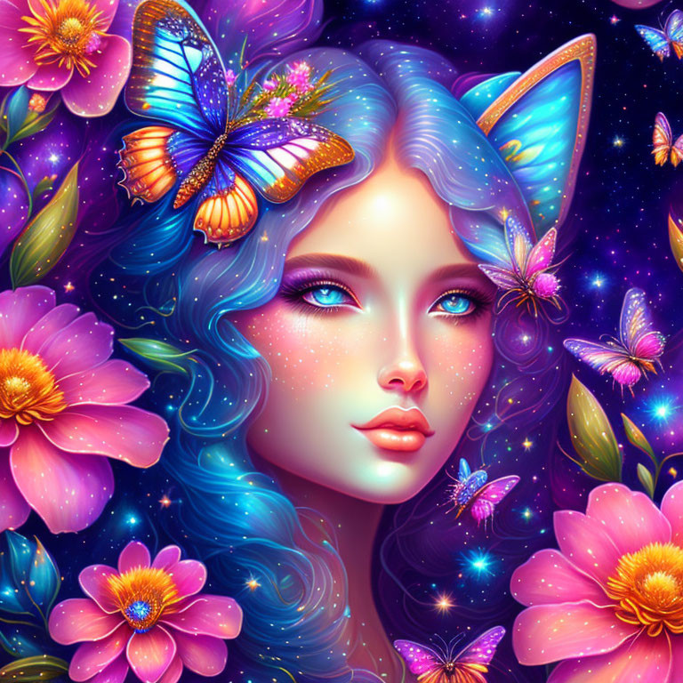 Fantastical illustration of woman with blue hair and cat ears among butterflies and pink flowers on starry