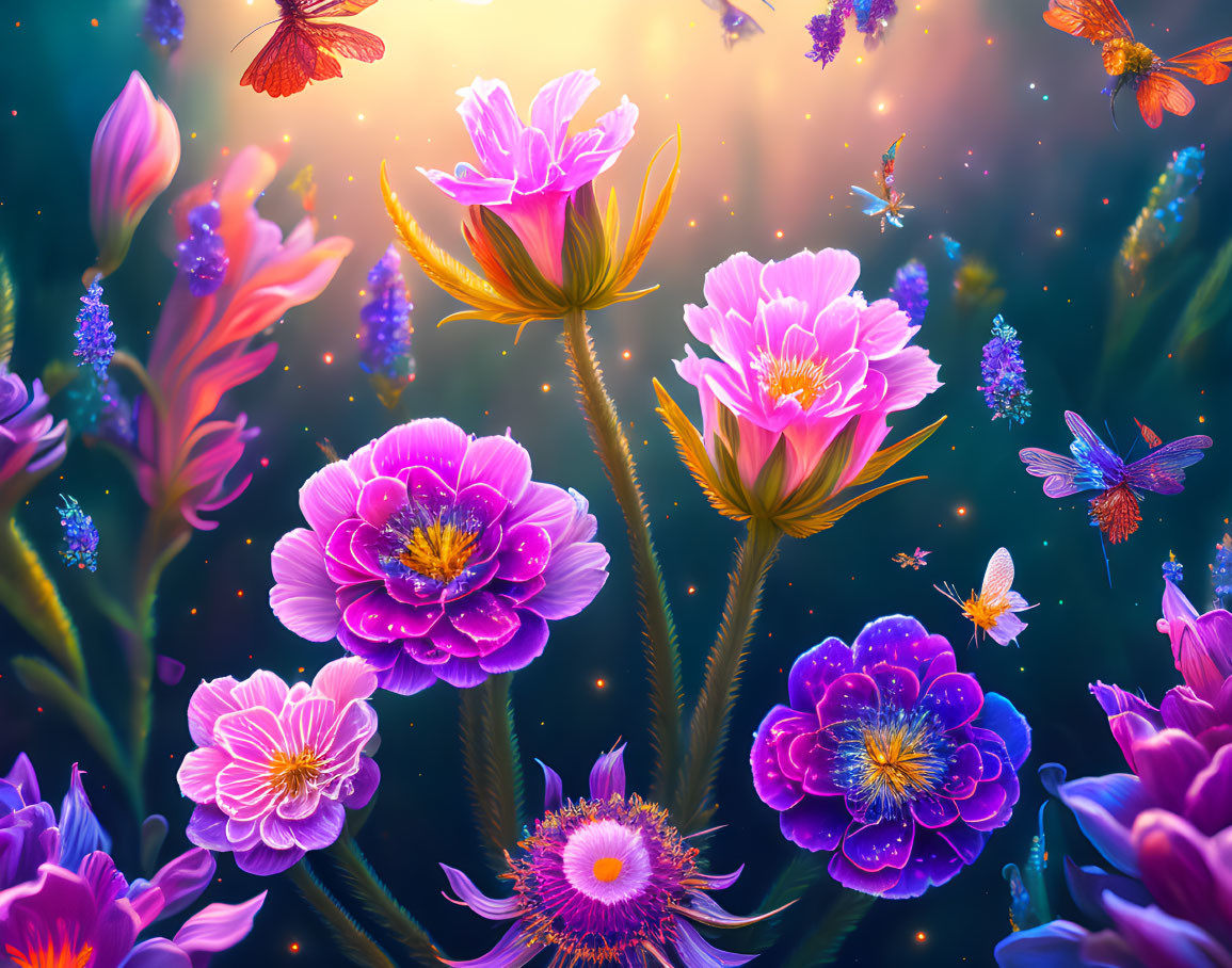 Colorful pink and purple flowers in dreamy setting with glitter and flying insects