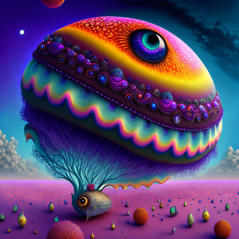 Vibrant psychedelic artwork of surreal landscape with giant eye entity and floating orbs